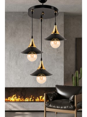 Dede Şık Üçlü Embudo Avize Seti, Gold Renk, Japon Şapkası Detaylı