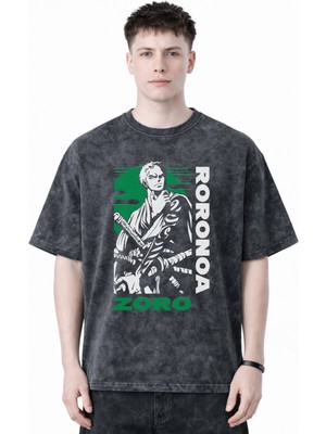 Sevbano Roronoa Zoro One Piece Anime Baskılı Unisex Oversize Eskitme Yıkamalı Tişört