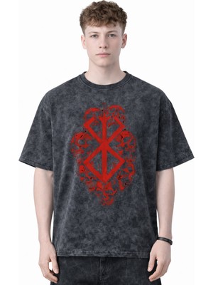 Sevbano Tasarım Berserk Guts Anime Baskılı Unisex Oversize Eskitme Yıkamalı Tişört