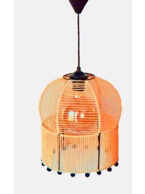 Allians Şık Oranj Hasır Ip Sargılı Ponponlu Tasarım Sarkıt Avize