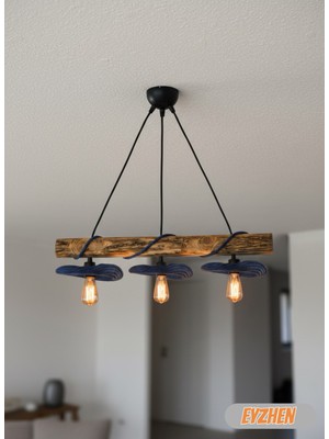 Allians Bükülebilir Lacivert 3’lü Eskitme Sarkıt Ahşap Avize Dekorasyon