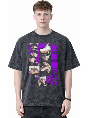 Sevbano Tasarım Gojo Satoru Jujutsu Kaisen Anime Baskılı Unisex Oversize Eskitme Yıkamalı Tişört