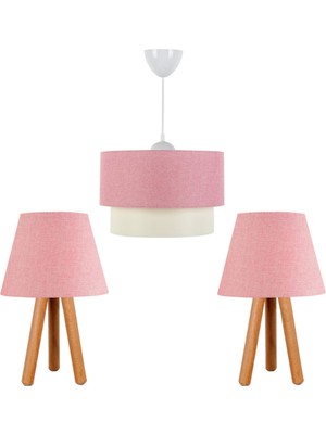 Allians 3'lü Avize ve Ahşap Abajur Seti, Şık ve Modern Tasarım