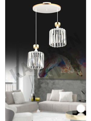 Allians Beyaz 2'li Sarkıt Sarı Şeritli Kristal Avize