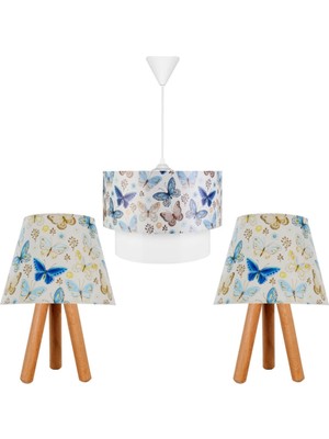 Allians 3'lü Ahşap Avize ve Mavi Kelebek Abajur Seti, Şık ve Modern Tasarım