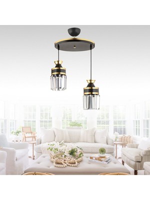 Allians Şık Siyah Kristal Sarkıtlı Silindir Avize Çiftli Lüks Aydınlatma