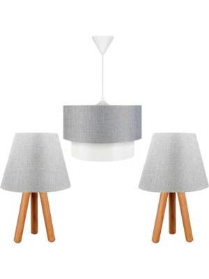 Allians Şık 3'lü Avize ve Ahşap Komodin Üstü Abajur Seti