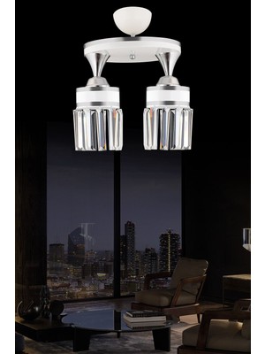 Allians Nairobi 2'li Beyaz Kristal Taşlı Krom Şeritli Silindir Avize