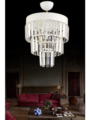 Allians Modern 3'lü Katlı Beyaz Kristal Avize, Şık ve Parlak Tasarım