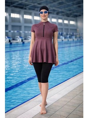 Tesmay Hızlı Kuruyan Mayo Kumaşı Yarım Fermuarlı Kısa Kollu Taytlı Kadın Mayo 2438