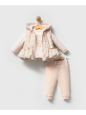 Bebeva Baby Kız Bebek Pudra Pembe Peluş Kürklü Kapüşonlu Yelek, Body ve Pantolon 3'lü Kombin Takım
