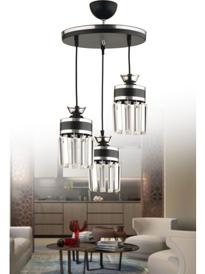 Allians Eylül 3’lü Sarkıt Kristal Taşlı Siyah Krom Yaldızlı Modern Salon Avizesi