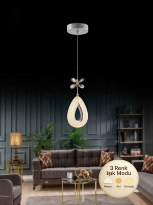 Allians Modern 3 Renk Kristal Taşlı Gümüş Salon ve Mutfak LED Avize