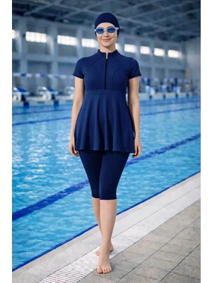 Tesmay Hızlı Kuruyan Mayo Kumaşı Yarım Fermuarlı Kısa Kollu Taytlı Kadın Mayo 2438