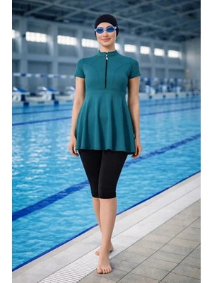 Tesmay Hızlı Kuruyan Mayo Kumaşı Yarım Fermuarlı Kısa Kollu Taytlı Kadın Mayo 2438