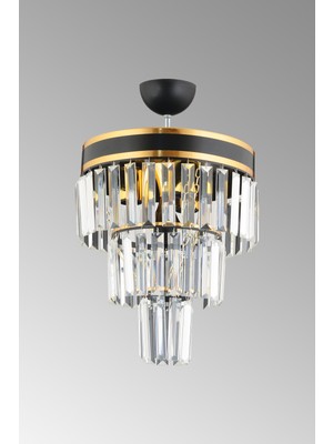 Allians Şık 3'lü Katlı Siyah ve Gold Kristal Taşlı Modern Avize