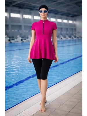 Tesmay Hızlı Kuruyan Mayo Kumaşı Yarım Fermuarlı Kısa Kollu Taytlı Kadın Mayo 2438