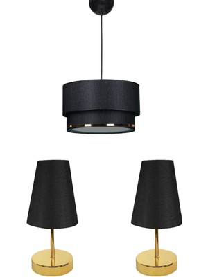 Allians Şık 3’lü Aydınlatma Seti, Avize ve Abajur, Gold ve Siyah Detaylar