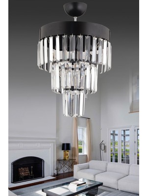 Allians Modern 3'lü Siyah Kristal Avize, 30 Cm, Paris Tarzı, Şık Tasarım