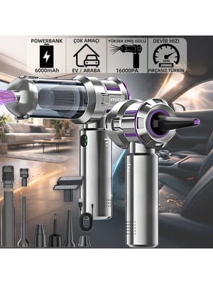 Mioji Mio 8 Plus 6000mAh Vacuum Cleaner 16000Pa Taşınabilir Araç ve Ev Mini Şarjlı Süpürge - Gümüş