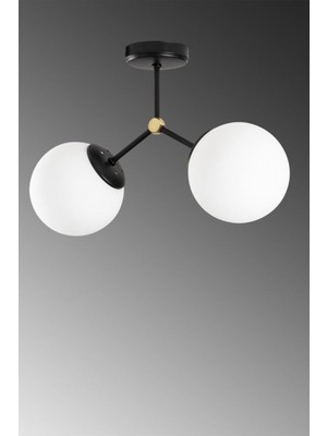 Allians Şık 2'li Siyah ve Eskitme Avize, Beyaz Cam Detaylı, Modern Tasarım