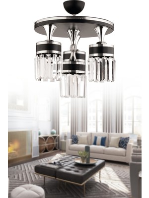 Allians Şık 4’lü Kristal Taşlı Siyah Krom Yaldızlı Modern Avize