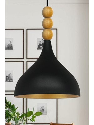 Allians Uzun Siyah Boncuklu Tekli Sarkıt Ahşap Avize, Modern ve Şık Aydınlatma