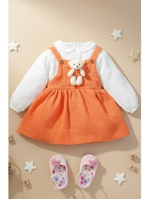 x Ipek Atlas Kız Bebek Çocuk Müslin Bebe Yaka Oyuncaklı Elbise