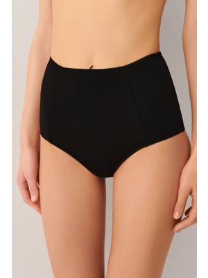 Suwen Siyah Yüksek Bel Pileli Bikini Alt Örme Kumaş ile Şık Tasarım Kadınlar İçin
