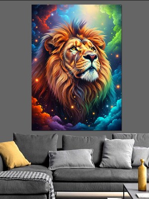 Karizma Tablo Renkli Aslan Kral Portresi Dekoratif Kanvas - Mdf Ahşap Tablo