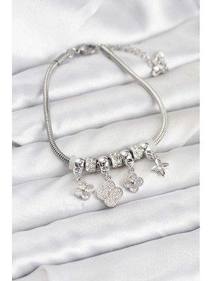 Epilons Mey Ithalat® Pirinç Gümüş Renk Yonca Model Kadın Bileklik