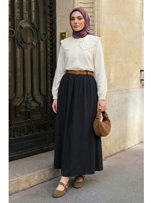 inStyle Büzgülü Kemerli Siyah Modal Etek