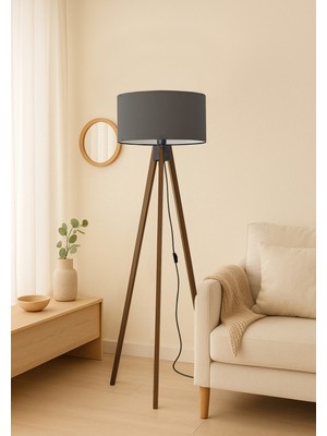 Allians Antrasit Kumaş Silindir Başlıklı Ahşap Üç Ayaklı Lambader