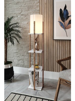 Allians Ahşap Desenli Raflı Modern Lambader, Şık ve Fonksiyonel Aydınlatma