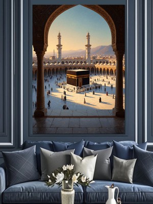 Karizma Tablo Kabe ve Mekke Kutsal Manzarası Dekoratif Kanvas - Mdf Ahşap Tablo
