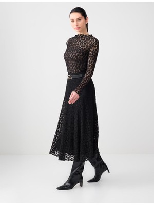 Jimmy Key Siyah Rahat Kesim Normal Bel Dantelli Örme Midi Etek