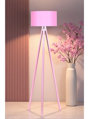 Allians Şık Ahşap Gövdeli Pembe Beyaz Detaylı Lambader, Modern Eve Şıklık Katar