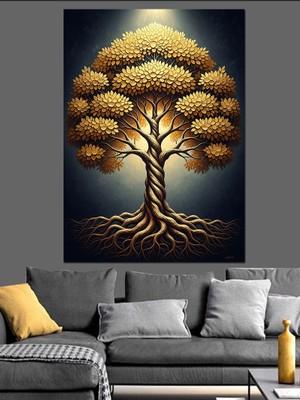 Karizma Tablo Altın Renkli Görkemli Hayat Ağacı Dekoratif Kanvas - Mdf Ahşap Tablo