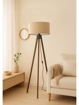 Allians Şık Yuvarlak Kumaş Silindir Başlık, Ahşap Üç Ayaklı Lambader Aydınlatma