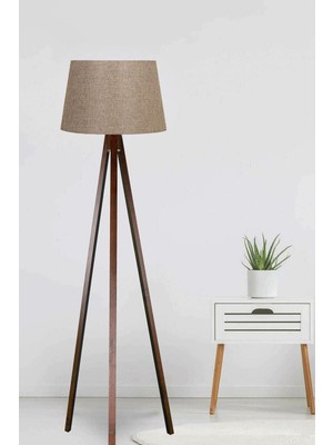 Allians Şık 3 Ayaklı Ahşap Abajur, Konik Kumaş Bej ve Kahverengi Tasarım