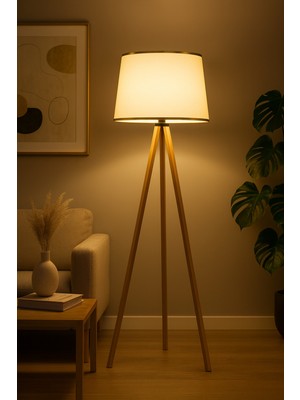 Allians Doğal Ahşap Gold Şeritli Lambader, Sıcak ve Şık Aydınlatma