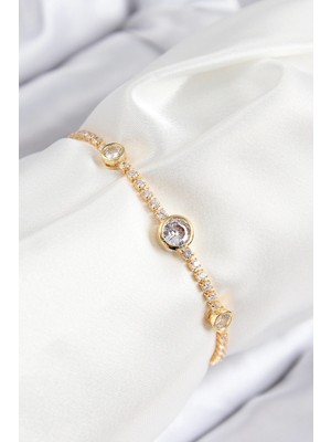 Epilons Mey Ithalat® Pirinç Zirkon Taşlı Daire Model Gold Renk Asansörlü Kadın Bileklik