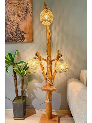 Allians Doğal Kütük Ağaç Lambader, 170-180 Cm, Üç Başlıklı, Modern Aydınlatma