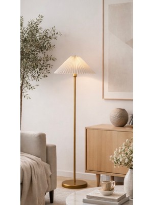 Allians Modern Metal Maslak Lambader, Gold Sarı Pileli Abajur, Şık ve Şık Tasarım