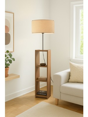 Allians Şık Ahşap Kitaplık ve Lambader, Krem Kırçıllı Tasarım, Modern ve Kullanışlı