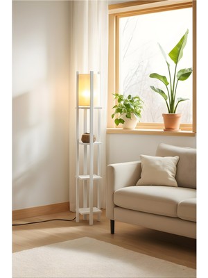 Allians Şık Metal Gövdeli Raflı Ayaklı Lambader, Modern Dekorasyon Parçası