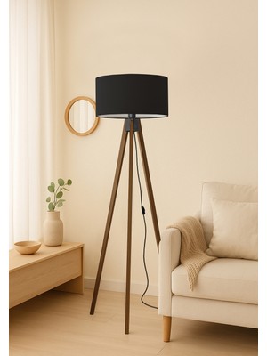 Allians Siyah Yuvarlak Kumaş Silindir Başlık Ahşap Üç Ayaklı Lambader