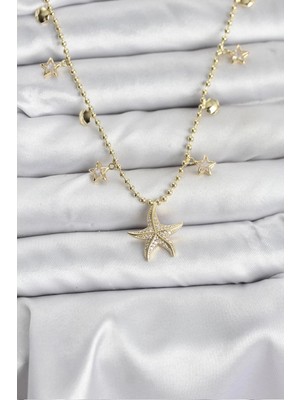 Epilons Mey Ithalat® Pirinç Gold Renk Zirkon Taşlı Deniz Yıldızı Model Kadın Kolye