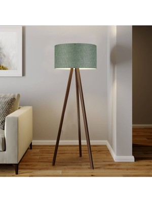 Allians Şık Ahşap Üç Ayaklı Lambader, Kumaş Başlıklı Dekoratif Aydınlatma