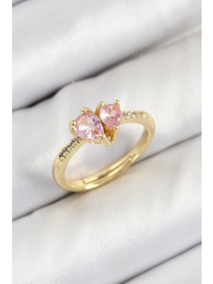 Epilons Mey Ithalat® Pirinç Zirkon Taşlı Pembe Kalp Model Gold Renk Kadın Yüzük